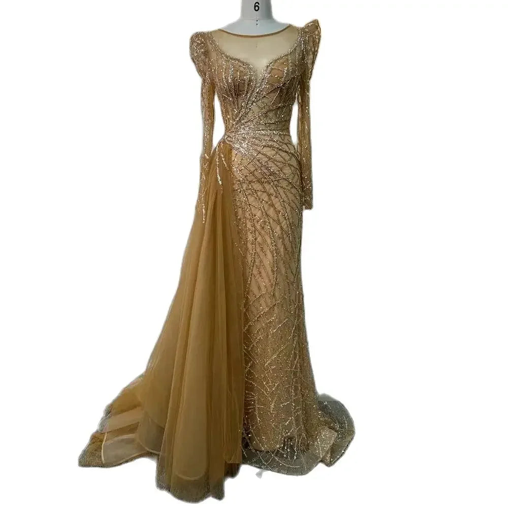 Luxury Muslim Gold Mermaid Beaded Dubai Evening Dresses with Overskirt LA72206