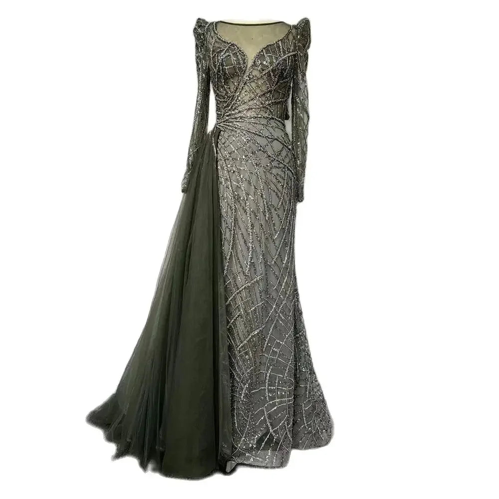 Luxury Muslim Gold Mermaid Beaded Dubai Evening Dresses with Overskirt LA72206