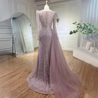 Muslim Gold Mermaid Beaded Luxury Dubai Evening Dresses Gowns With Overskirt 2025 For Women Party LA72206
