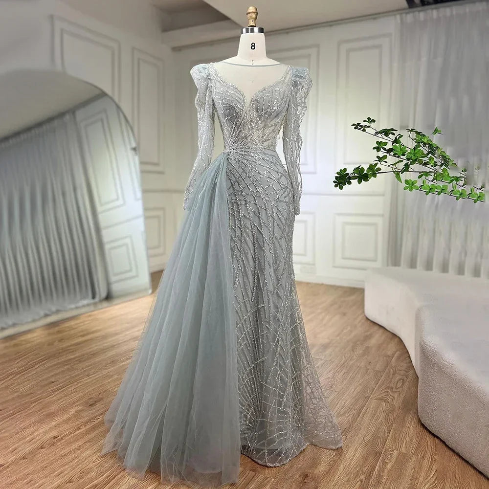 Luxury Muslim Gold Mermaid Beaded Dubai Evening Dresses with Overskirt LA72206