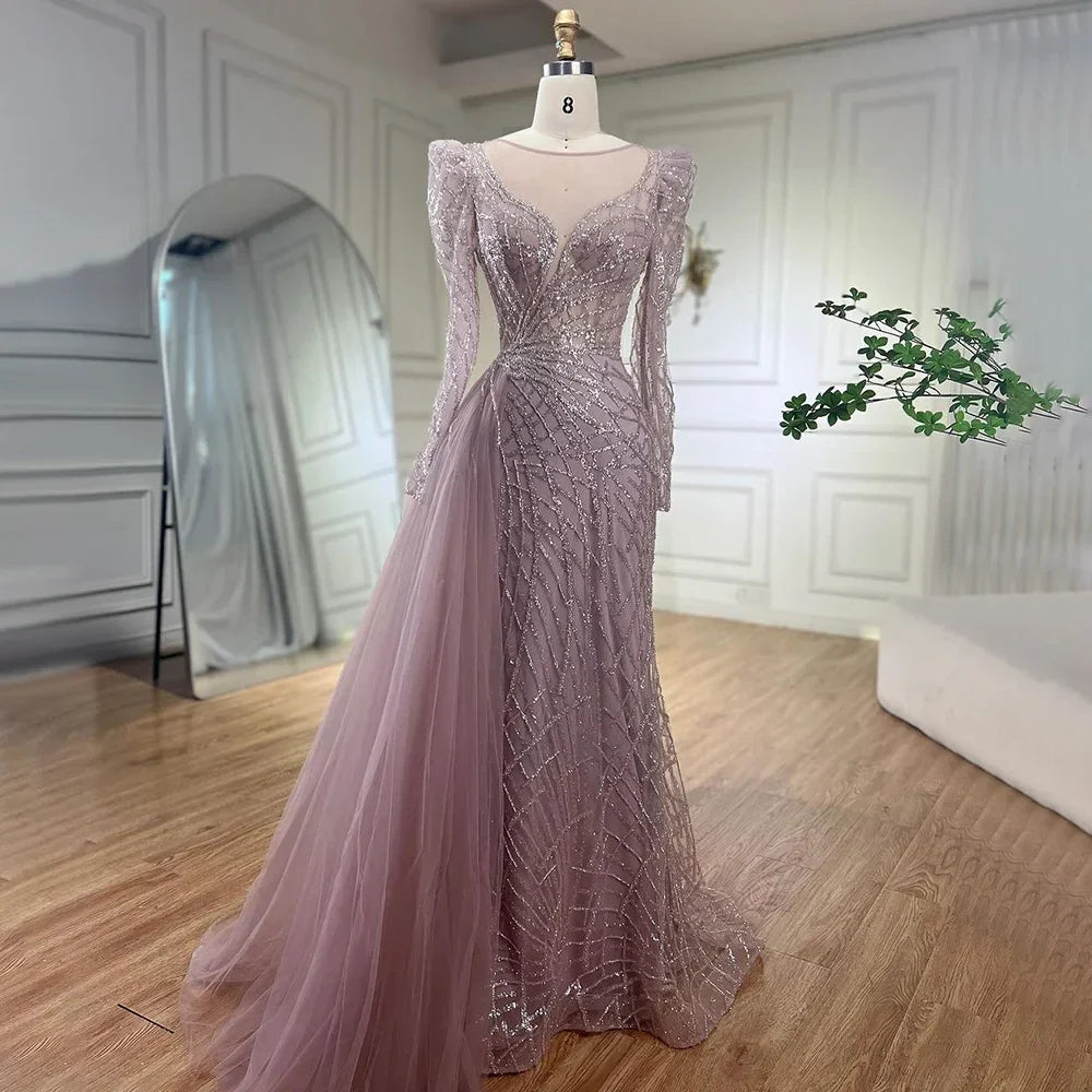 Luxury Muslim Gold Mermaid Beaded Dubai Evening Dresses with Overskirt LA72206