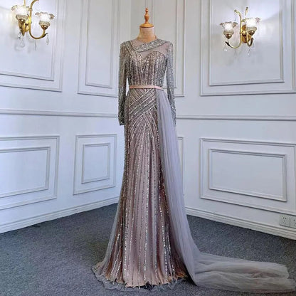 Muslim Gold Mermaid Elegant Beaded Luxury Dubai Evening Dresses Gowns For Women Wedding Party 2025 LA71429
