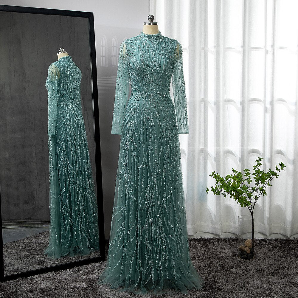 Zum Verkauf keine Rückgabe keine Rückerstattung Muslim Gold Meerjungfrau Elegante Luxus Abendkleider Kleider High Neck Perlen 2025 Für Frauen Party LA71682 