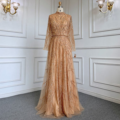 En oferta, sin devolución ni reembolso, elegante vestido de noche musulmán dorado de sirena, de lujo, con cuello alto y cuentas, 2025, para mujer, fiesta, LA71682 