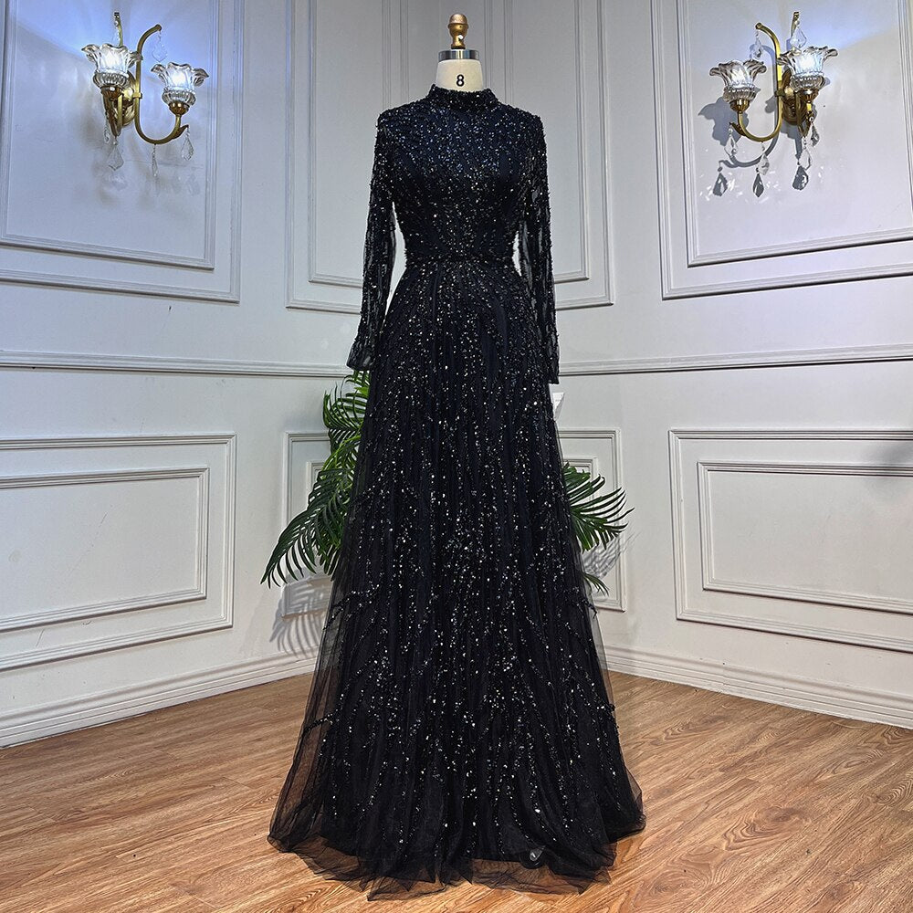 Zum Verkauf keine Rückgabe keine Rückerstattung Muslim Gold Meerjungfrau Elegante Luxus Abendkleider Kleider High Neck Perlen 2025 Für Frauen Party LA71682 
