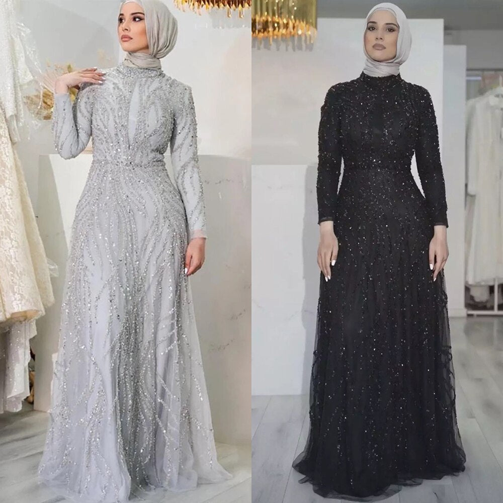 Zum Verkauf keine Rückgabe keine Rückerstattung Muslim Gold Meerjungfrau Elegante Luxus Abendkleider Kleider High Neck Perlen 2025 Für Frauen Party LA71682 