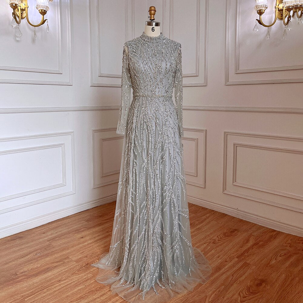 Zum Verkauf keine Rückgabe keine Rückerstattung Muslim Gold Meerjungfrau Elegante Luxus Abendkleider Kleider High Neck Perlen 2025 Für Frauen Party LA71682 