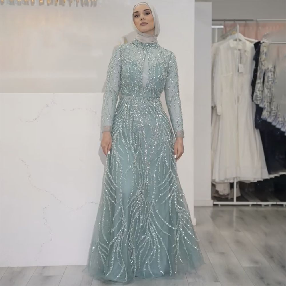 Zum Verkauf keine Rückgabe keine Rückerstattung Muslim Gold Meerjungfrau Elegante Luxus Abendkleider Kleider High Neck Perlen 2025 Für Frauen Party LA71682 