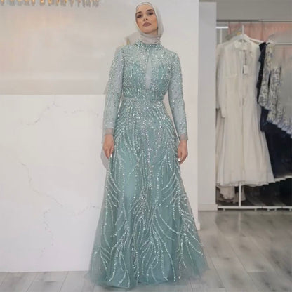 En oferta, sin devolución ni reembolso, elegante vestido de noche musulmán dorado de sirena, de lujo, con cuello alto y cuentas, 2025, para mujer, fiesta, LA71682 