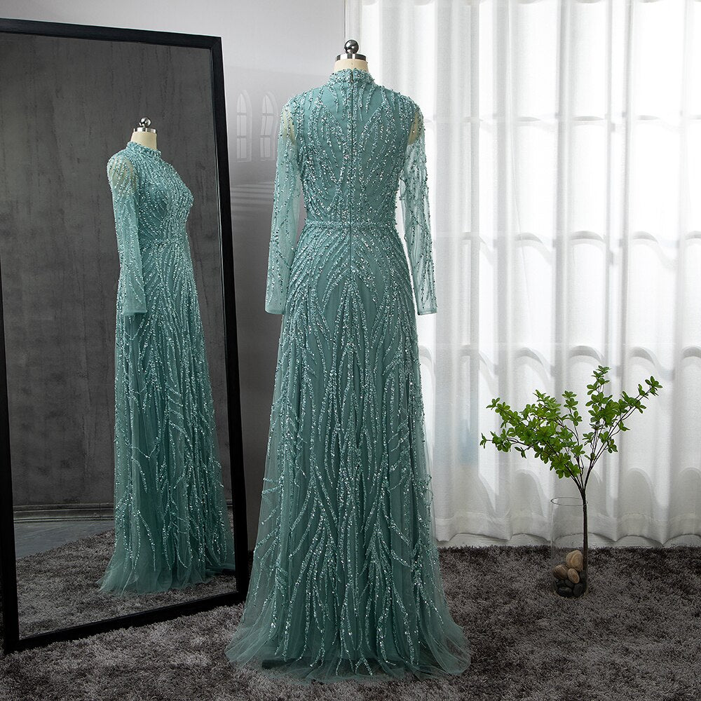 Zum Verkauf keine Rückgabe keine Rückerstattung Muslim Gold Meerjungfrau Elegante Luxus Abendkleider Kleider High Neck Perlen 2025 Für Frauen Party LA71682 