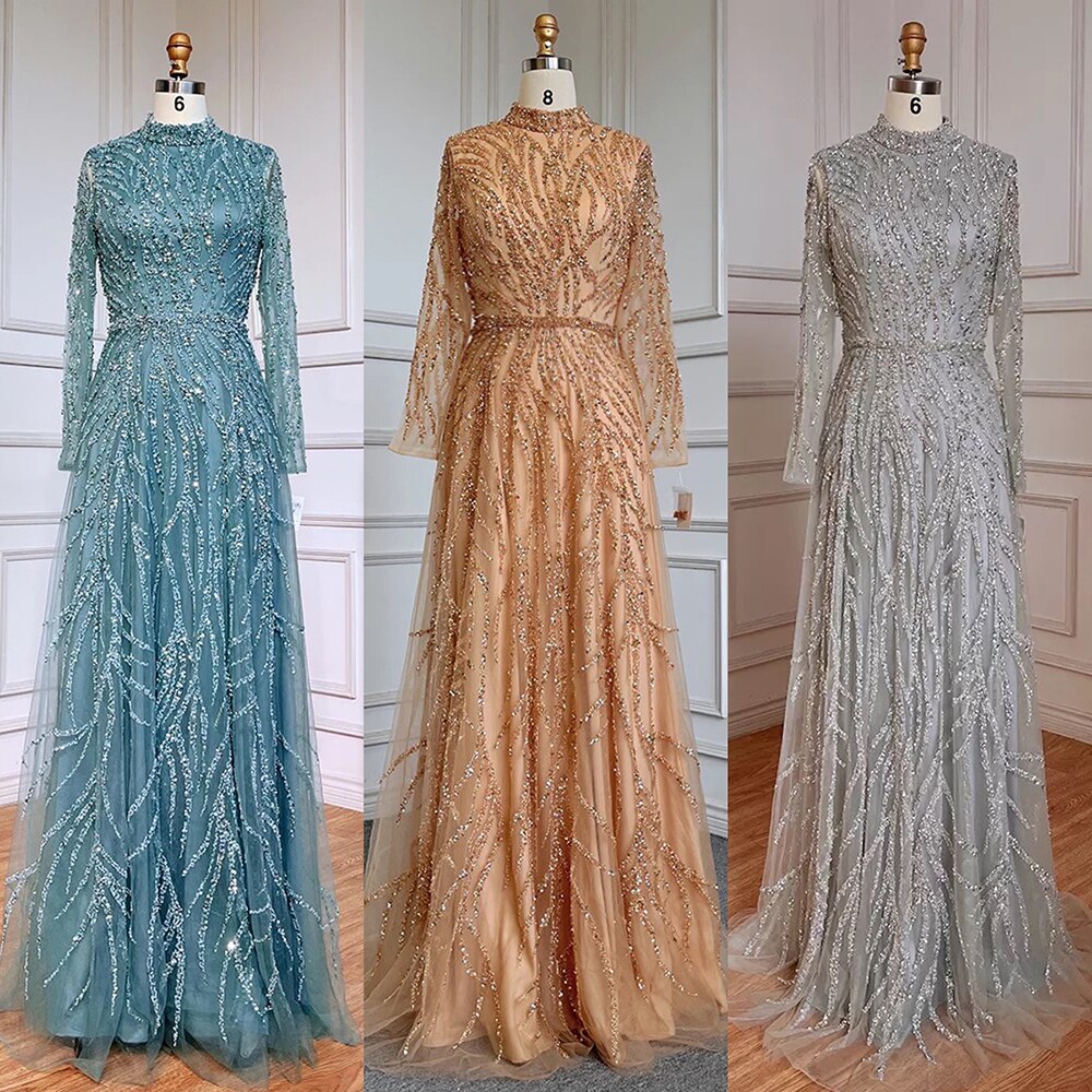 Zum Verkauf keine Rückgabe keine Rückerstattung Muslim Gold Meerjungfrau Elegante Luxus Abendkleider Kleider High Neck Perlen 2025 Für Frauen Party LA71682 