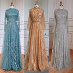 Zum Verkauf keine Rückgabe keine Rückerstattung Muslim Gold Meerjungfrau Elegante Luxus Abendkleider Kleider High Neck Perlen 2025 Für Frauen Party LA71682 
