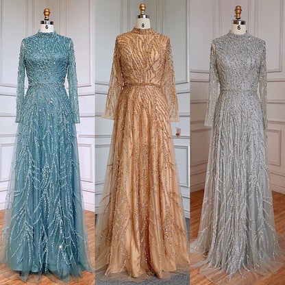 En oferta, sin devolución ni reembolso, elegante vestido de noche musulmán dorado de sirena, de lujo, con cuello alto y cuentas, 2025, para mujer, fiesta, LA71682 