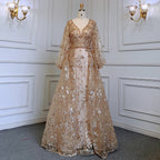 Muslimischen Gold Meerjungfrau Elegante Puffärmeln V-ausschnitt Luxus Perlen Abendkleider Kleider 2025 Für Frauen Party LA71761 