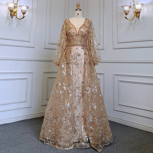 Muslim Gold Mermaid Elegant Puff Sleeves V-Neck  Luxury Beaded Evening Dresses Gowns 2025 For Women Party LA71761
