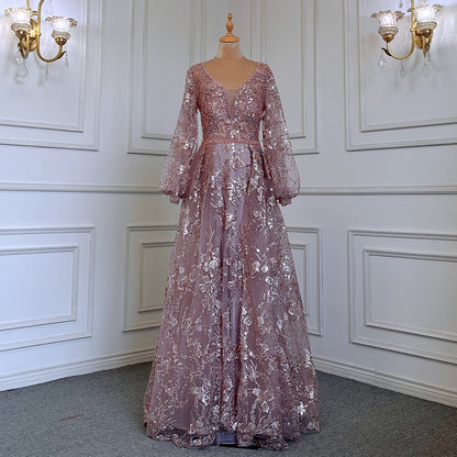Muslim Gold Mermaid Elegant Puff Sleeves V-Neck  Luxury Beaded Evening Dresses Gowns 2025 For Women Party LA71761