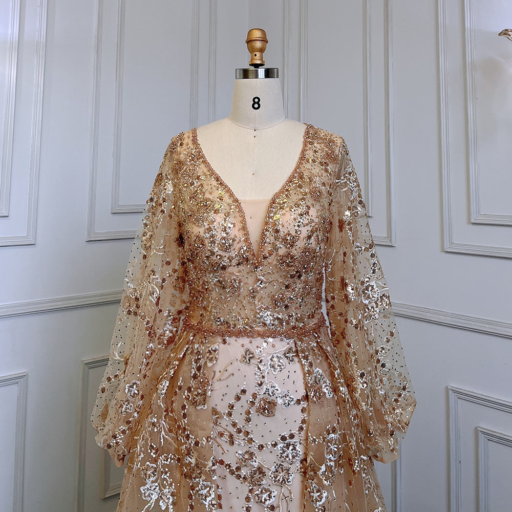 Muslimischen Gold Meerjungfrau Elegante Puffärmeln V-ausschnitt Luxus Perlen Abendkleider Kleider 2025 Für Frauen Party LA71761 