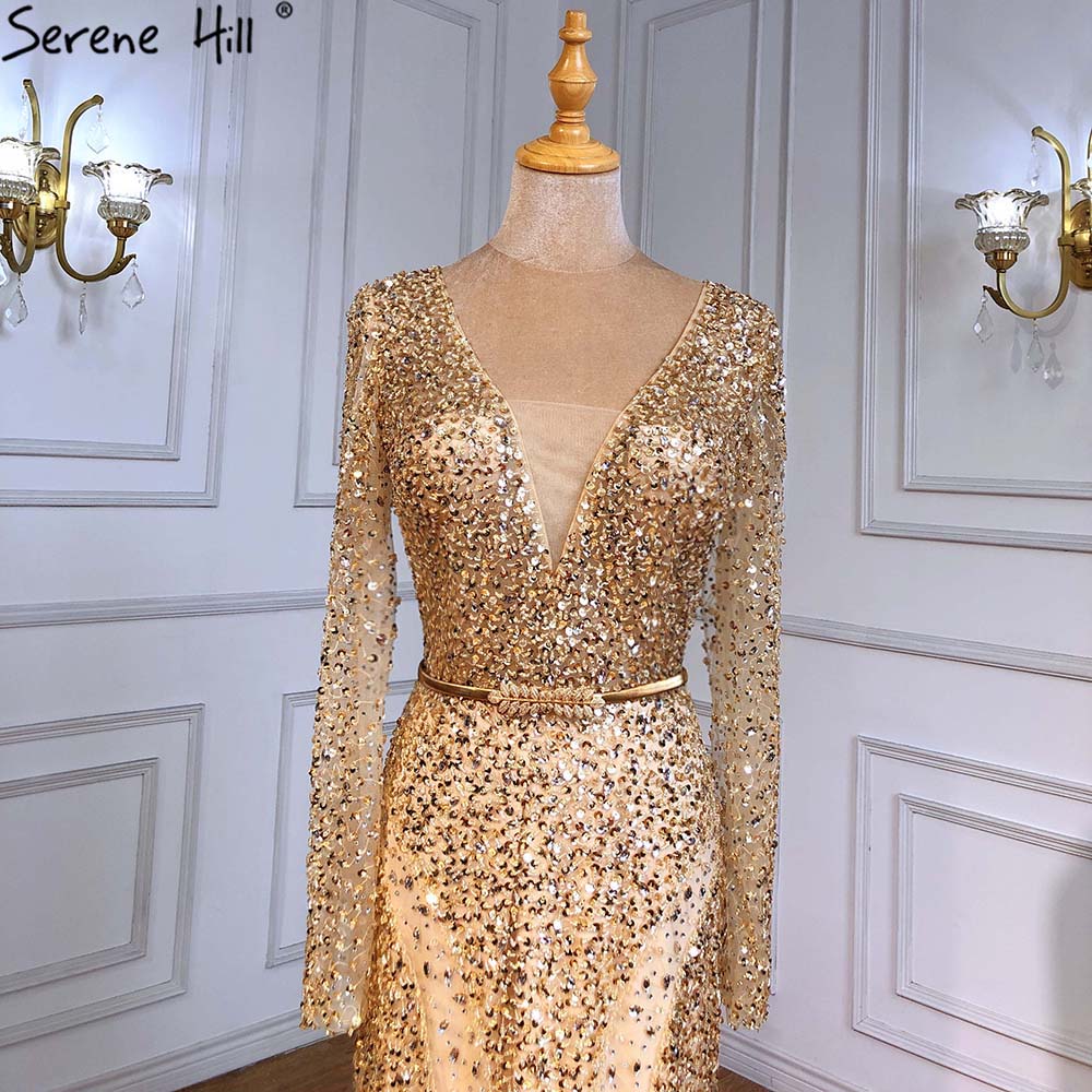 Muslimischen Gold Meerjungfrau Abendkleider Kleider 2025 Luxus Elegante Perlen Federn Für Frauen Party LA71475