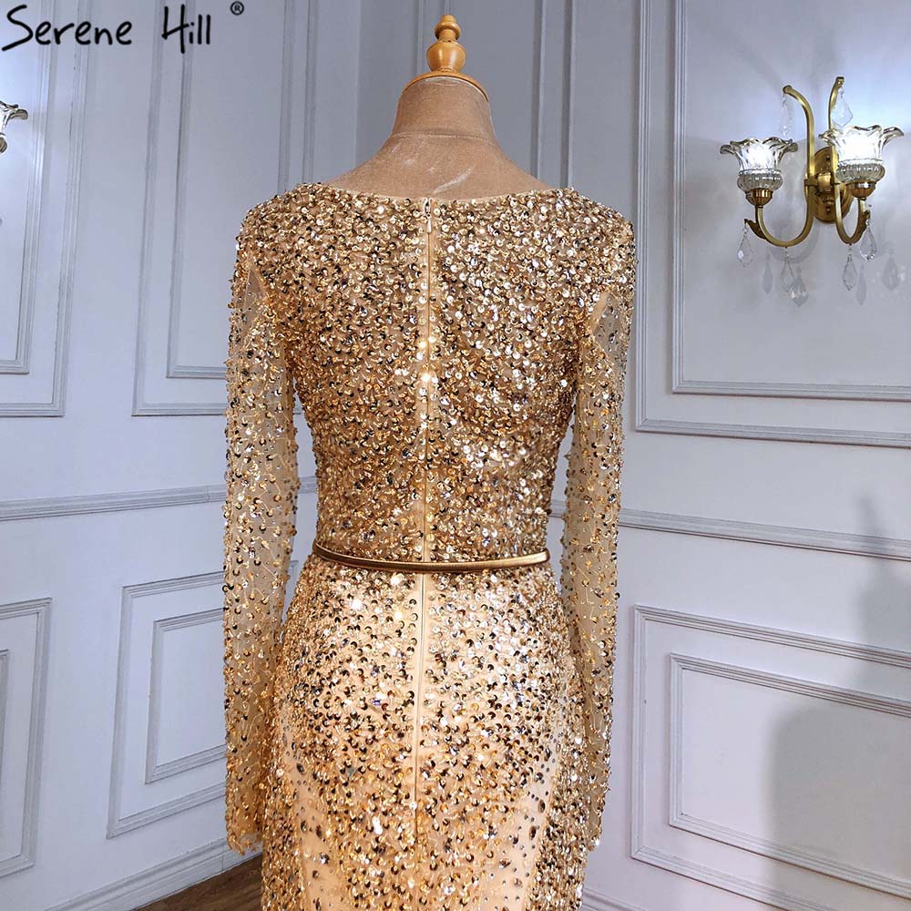 Muslimischen Gold Meerjungfrau Abendkleider Kleider 2025 Luxus Elegante Perlen Federn Für Frauen Party LA71475