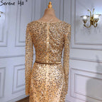 Muslimischen Gold Meerjungfrau Abendkleider Kleider 2025 Luxus Elegante Perlen Federn Für Frauen Party LA71475