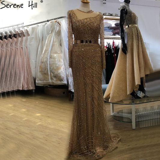 Muslim Gold Mermaid Evening Dresses Gowns 2025 Luxury Elegant Beading Sashes For Women Party LA71140