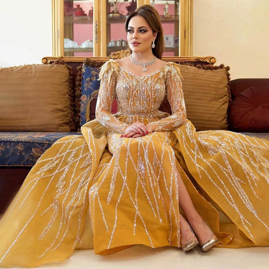 Muslim Gold Mermaid  With Overskirt Beaded Luxury Dubai Evening Dresses Gowns 2025 For Women Wedding Party LA72211