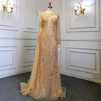 Vestidos de noche de lujo con sobrefalda dorada musulmana, elegantes vestidos de fiesta de sirena con cuentas 2025 para mujer LA71528 