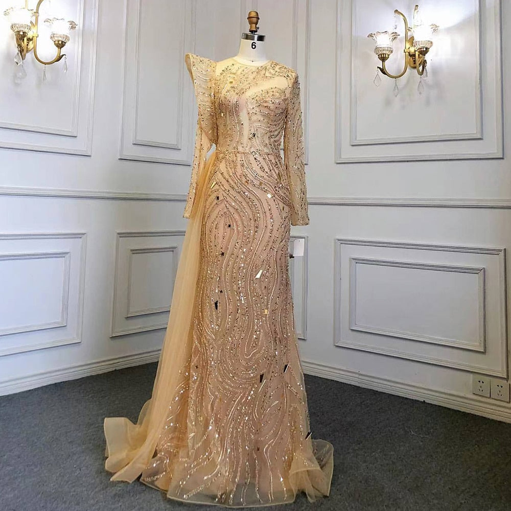 Vestidos de noche de lujo con sobrefalda dorada musulmana, elegantes vestidos de fiesta de sirena con cuentas 2025 para mujer LA71528 