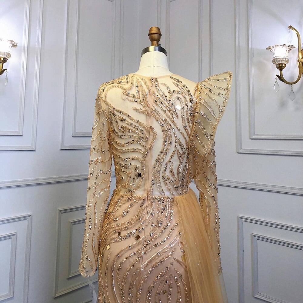 Vestidos de noche de lujo con sobrefalda dorada musulmana, elegantes vestidos de fiesta de sirena con cuentas 2025 para mujer LA71528 