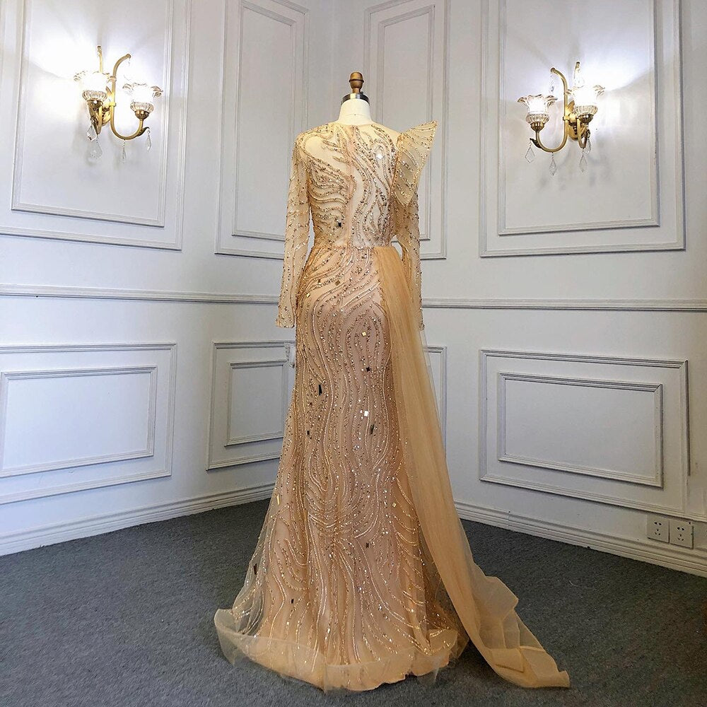 Vestidos de noche de lujo con sobrefalda dorada musulmana, elegantes vestidos de fiesta de sirena con cuentas 2025 para mujer LA71528 