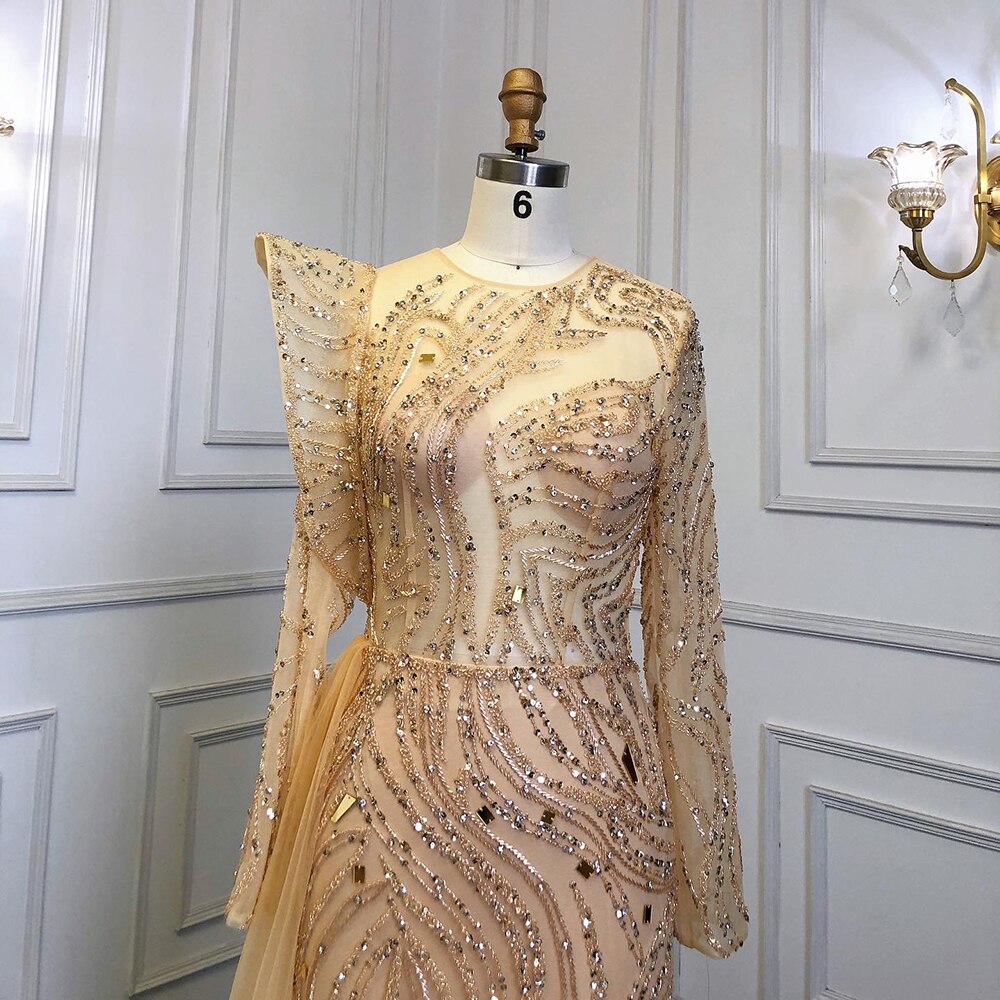 Vestidos de noche de lujo con sobrefalda dorada musulmana, elegantes vestidos de fiesta de sirena con cuentas 2025 para mujer LA71528 