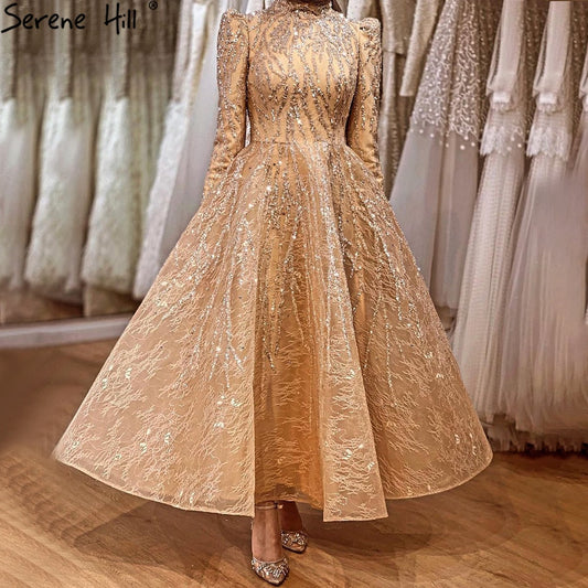 Muslim Gold Sparkle  Ankle Length  Beading  Evening Dresses Gowns 2025  A-Line For Women Party LA70996