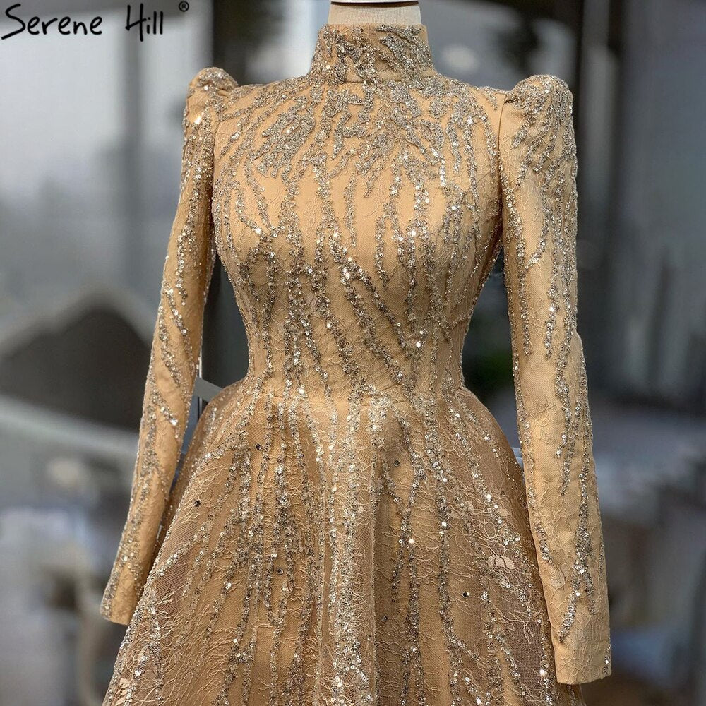 Vestidos de noche musulmanes con cuentas y brillo dorado hasta los tobillos, corte A, para mujer, fiesta, LA70996 