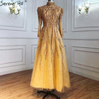 Vestidos de noche musulmanes con cuentas y brillo dorado hasta los tobillos, corte A, para mujer, fiesta, LA70996 