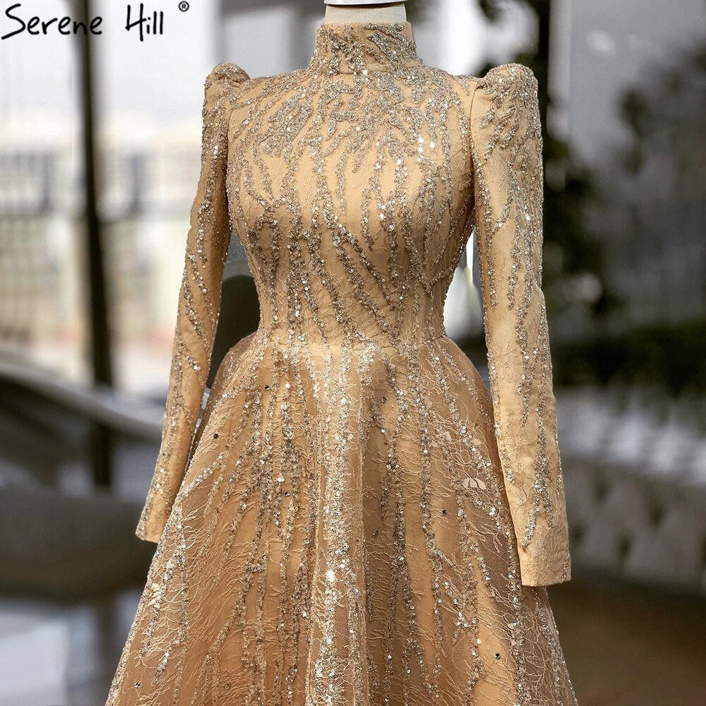 Vestidos de noche musulmanes con cuentas y brillo dorado hasta los tobillos, corte A, para mujer, fiesta, LA70996 