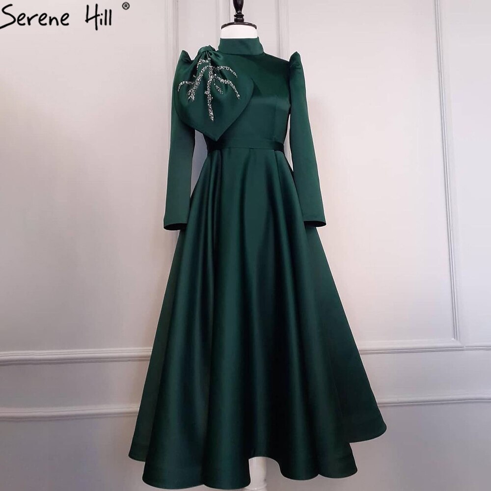 Muslimischen Grün A-linie Abendkleider Kleider 2025 Perlen Satin Für Frauen Hochzeit Party LA71115 
