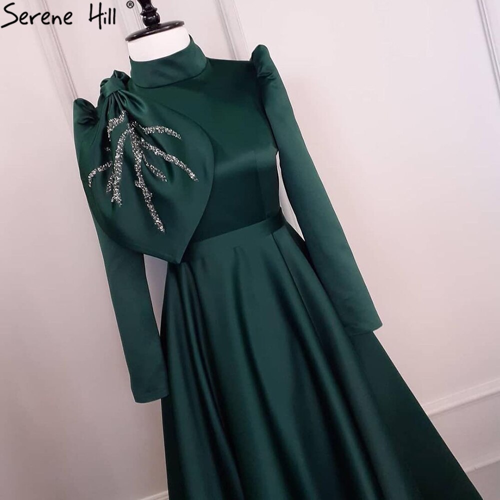 Muslimischen Grün A-linie Abendkleider Kleider 2025 Perlen Satin Für Frauen Hochzeit Party LA71115 