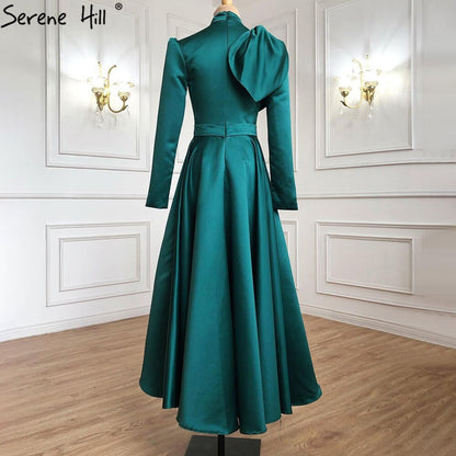 Muslim Green A-Line Evening Dresses Gowns 2025 Beading Satin For Women Wedding Party LA71115