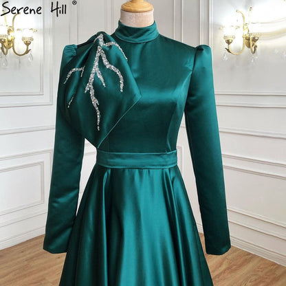Muslim Green A-Line Evening Dresses Gowns 2025 Beading Satin For Women Wedding Party LA71115