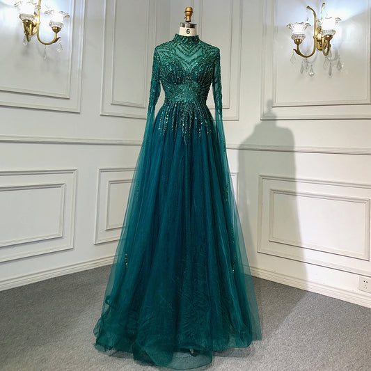 En oferta, sin devolución ni reembolso, vestido de noche musulmán verde de corte A de lujo con cuentas, vestidos de fiesta 2025 para mujer LA71640 