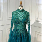 En oferta, sin devolución ni reembolso, vestido de noche musulmán verde de corte A de lujo con cuentas, vestidos de fiesta 2025 para mujer LA71640 