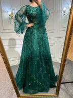 Vestido de noche musulmán verde de lujo, corte A, cuello redondo, mangas abullonadas, cuentas, sexy, formal, para fiesta, LA71049A 