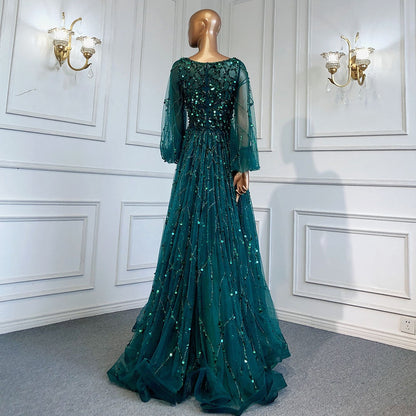 Muslim Green A-Line Luxury Evening Dreses Gowns 2025  O-Neck Puff Sleeves Beaded Sexy Formal Woman Party LA71049A