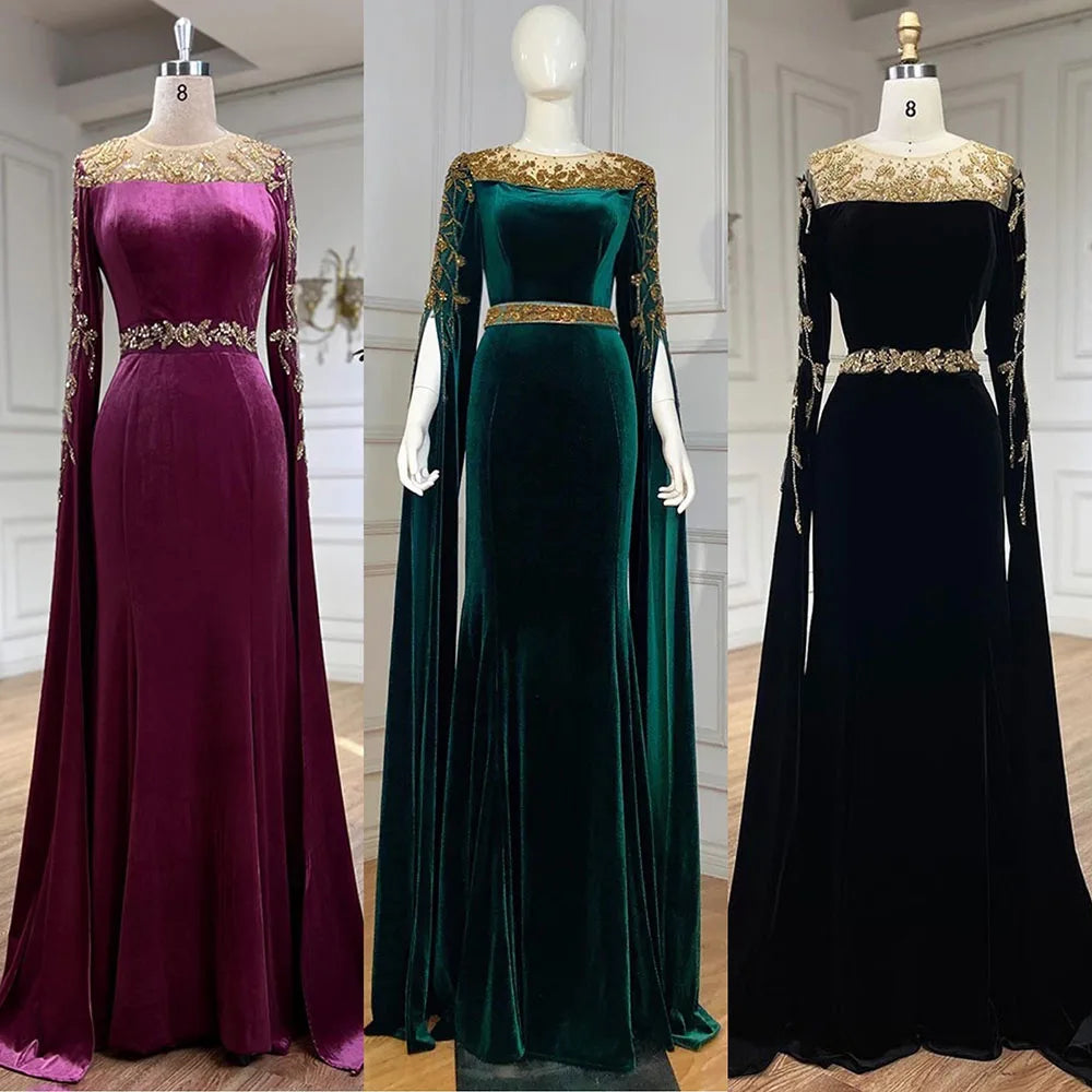 Muslimischen Grün Cape Ärmeln Abendkleider Kleider 2025 Perlen Elegante Meerjungfrau Velours für Frauen Party LA71452 
