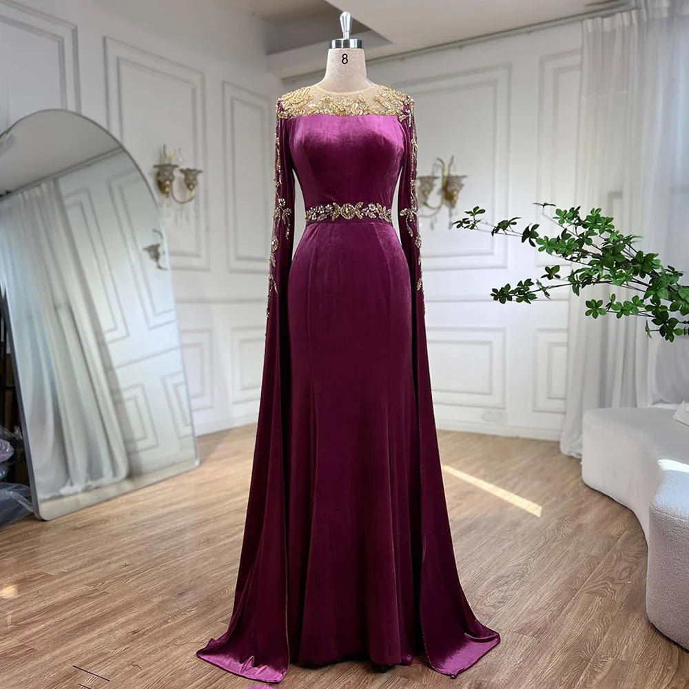 Muslimischen Grün Cape Ärmeln Abendkleider Kleider 2025 Perlen Elegante Meerjungfrau Velours für Frauen Party LA71452 