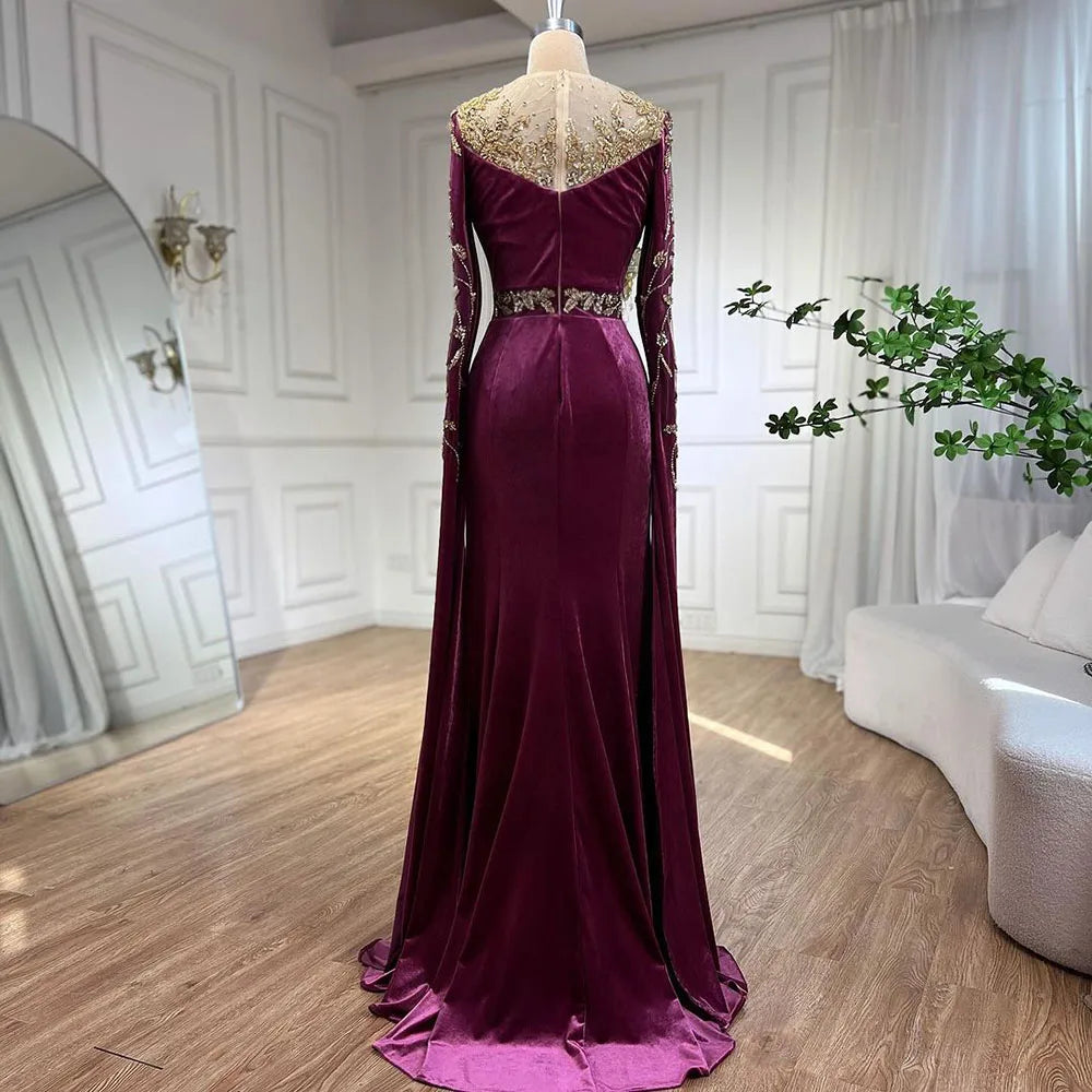 Muslimischen Grün Cape Ärmeln Abendkleider Kleider 2025 Perlen Elegante Meerjungfrau Velours für Frauen Party LA71452 