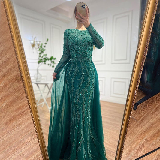 Muslim Green Elegant Mermaid Lace Beaded Luxury Long Evening Dresses Gowns For Women Wedding Party 2025 LA71653L