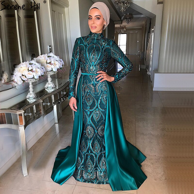 Vestidos de noche musulmanes verdes 2025, vestidos de fiesta de sirena de manga larga para mujer, vestido de lentejuelas, talla grande LA70758 