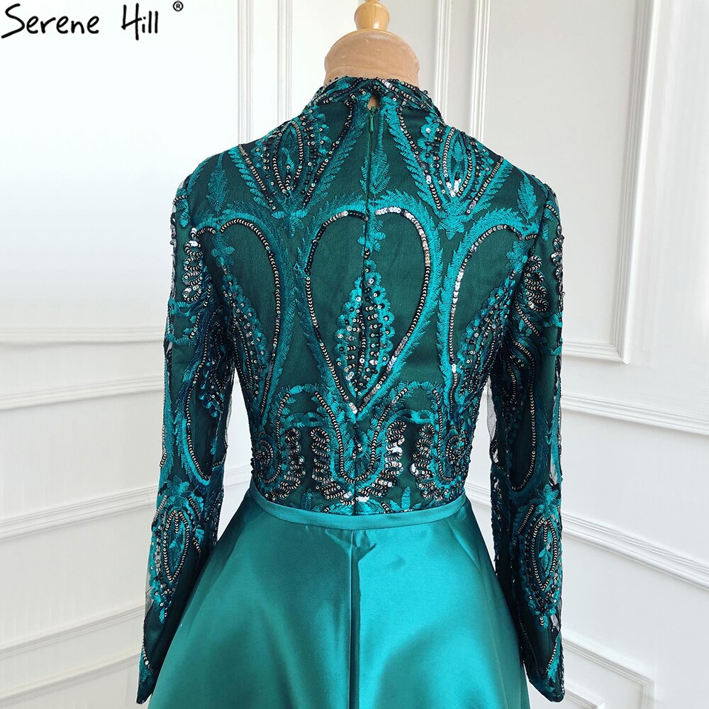 Vestidos de noche musulmanes verdes 2025, vestidos de fiesta de sirena de manga larga para mujer, vestido de lentejuelas, talla grande LA70758 