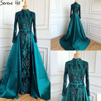 Vestidos de noche musulmanes verdes 2025, vestidos de fiesta de sirena de manga larga para mujer, vestido de lentejuelas, talla grande LA70758 